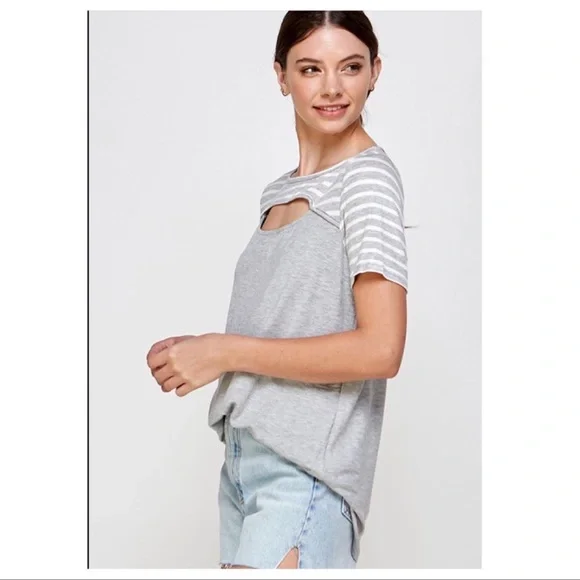 New Heather Gray Short Sleeve Top,Keyhole Front With Striped Contrast Sleeves - Picture 7 of 7